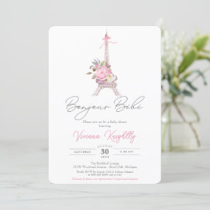 Bonjour Bebe, Pink Floral Eiffel Paris Baby Shower Invitation