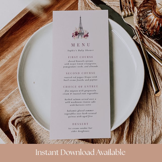 Bonjour Bebe Pink Floral Eiffel Tower Menu Card (Creator Uploaded)