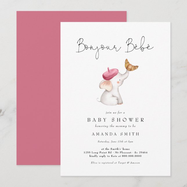 Bonjour Bebe Pink French Elephant Baby Shower Invitation (Front/Back)