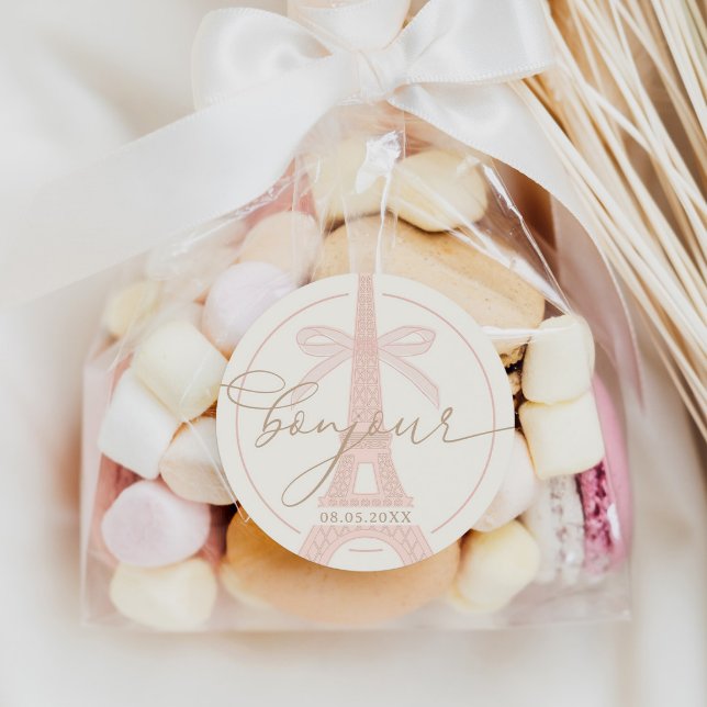 Bonjour Bébé Pink Paris Eiffel Baby Shower Classic Round Sticker (Creator Uploaded)