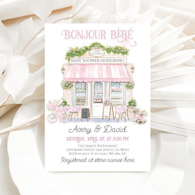 Bonjour Bebe Pink Parisian Cafe Baby Girl Shower Invitation (Creator Uploaded)