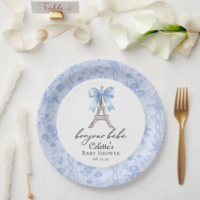 Bonjour Bebe Romantic Blue French Toile  Paper Plate (Wedding)