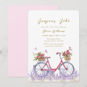 Bonjour Bébé Rose Lavender Bicycle Baby shower Invitation