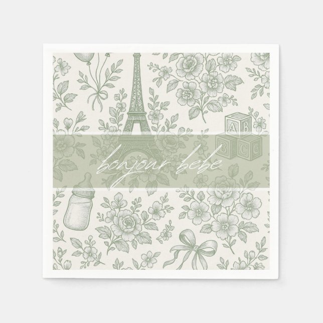 Bonjour Bebe Sage Green Toile French Baby Shower Napkin (Front)