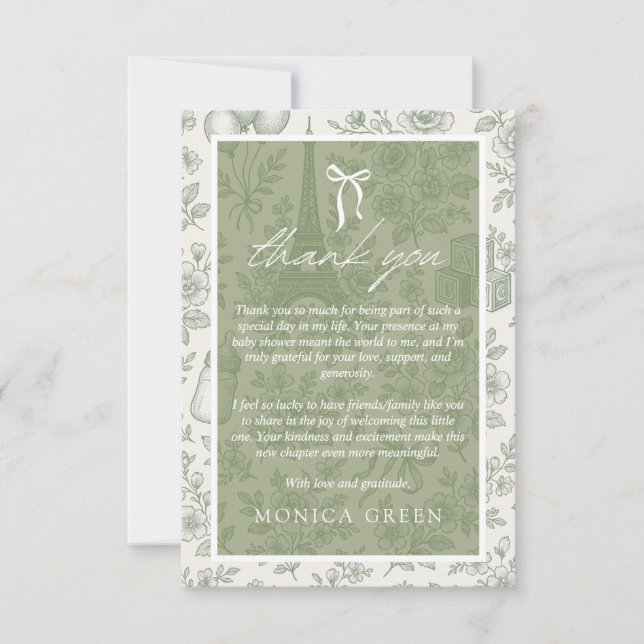 Bonjour Bebe Sage Green Toile French Baby Shower Thank You Card (Front)