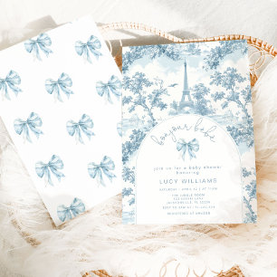 Bonjour Bebe Toile Blue Bow French Baby shower Invitation