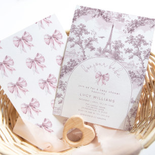Bonjour Bebe Toile Pink Bow French Baby shower Invitation