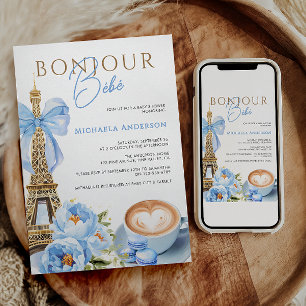 Bonjour Bébé Watercolor Coquette Bow Baby Shower I Invitation