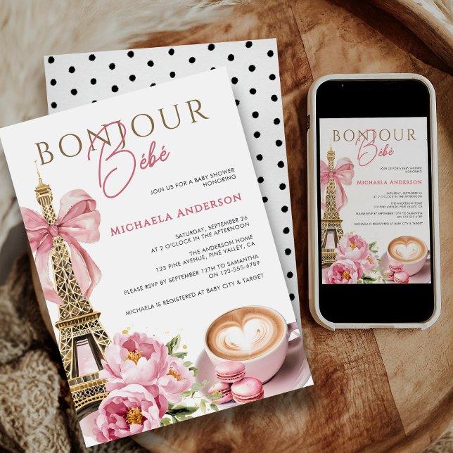 Bonjour Bébé Watercolor Coquette Bow Baby Shower Invitation (Creator Uploaded)