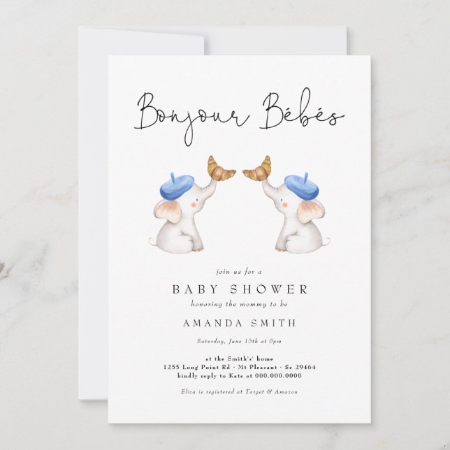 Bonjour Bébés French Elephant Boy Shower Toile Invitation (Front)