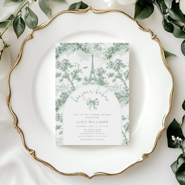 Bonjour Bebes Toile Twins French Green Baby shower Invitation (Creator Uploaded)