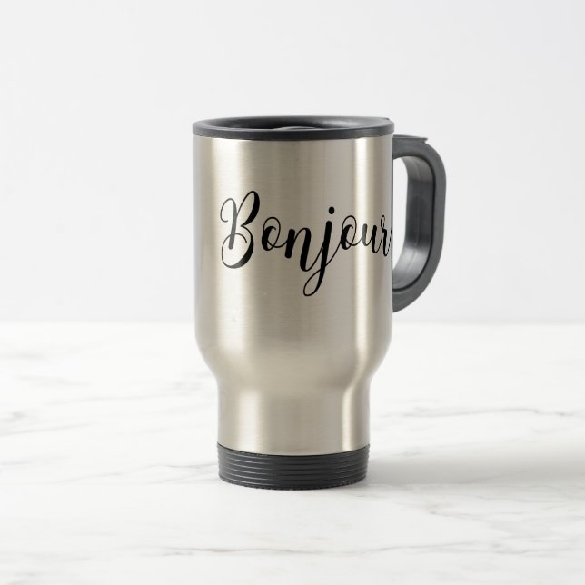 Bonjour-blackText Travel Mug (Front Right)