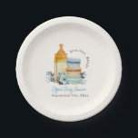 Bonjour Blue Macarons & Milk Boy Baby Shower Paper Plate<br><div class="desc">Bonjour Bébé French macarons & milk themed baby shower featuring illustration of baby bottle with a stack of three macarons.</div>