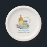 Bonjour Blue Macarons & Milk Boy Baby Shower Paper Plate<br><div class="desc">Bonjour Bébé French macarons & milk themed baby shower featuring illustration of baby bottle with a stack of three macarons.</div>