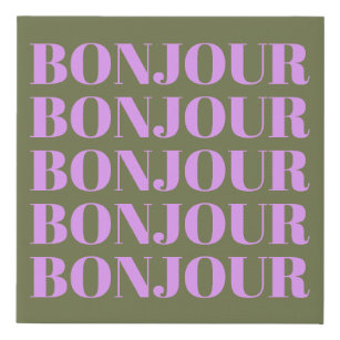 Bonjour   Chic Olive and Lilac Bold Typography   Faux Canvas Print