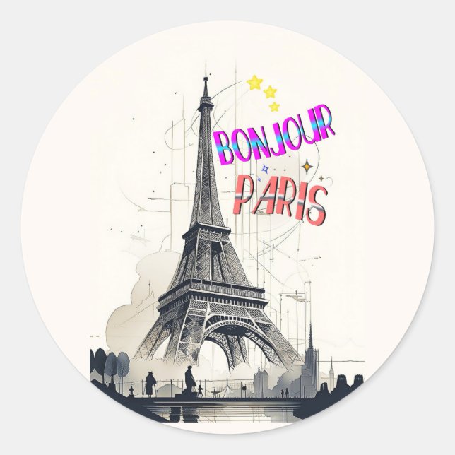Bonjour Colourful Paris Classic Round Sticker (Front)