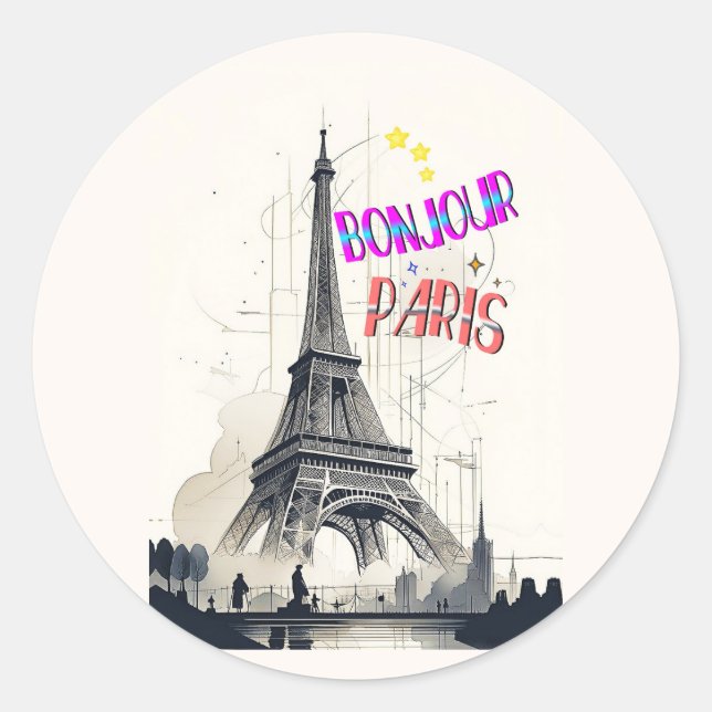 Bonjour Colourful Paris Classic Round Sticker (Front)