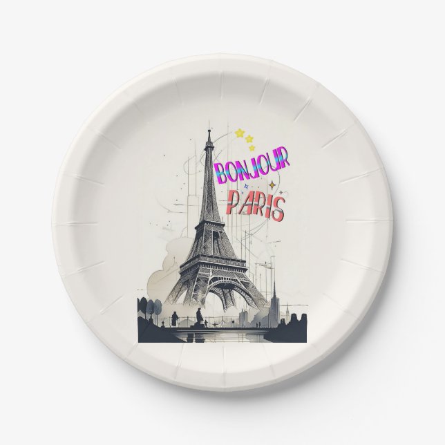 Bonjour Colourful Paris Paper Plate (Front)