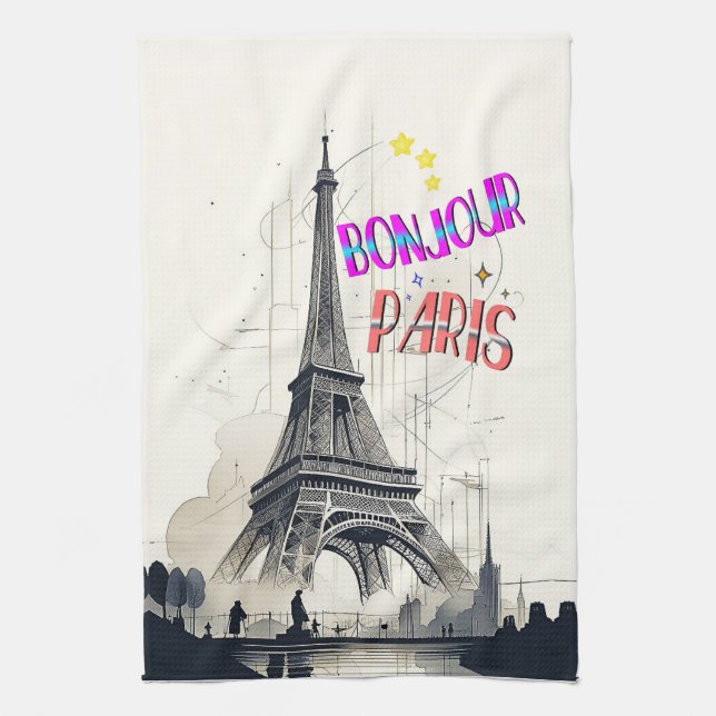 Bonjour Colourful Paris Tea Towel (Vertical)