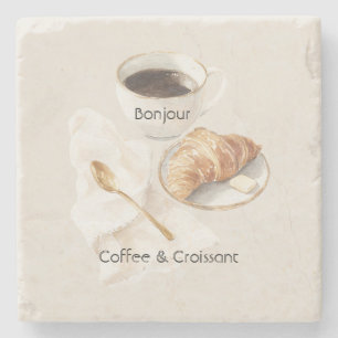 Bonjour Croissant & Coffee Stone Coaster