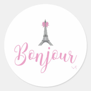 Bonjour-Eiffel Tower Bow Unique Classic Round Sticker