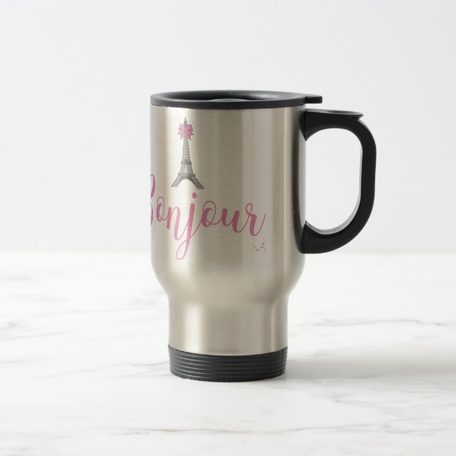 Bonjour-Eiffel Tower Bow Unique Travel Mug (Right)
