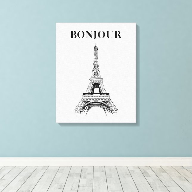 Bonjour Eiffel Tower - Parisian Chic Stretched  Canvas Print (Insitu(Wood Floor))