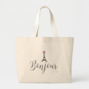 Bonjour-Eiffel Tower Pink Bow Large Tote Bag