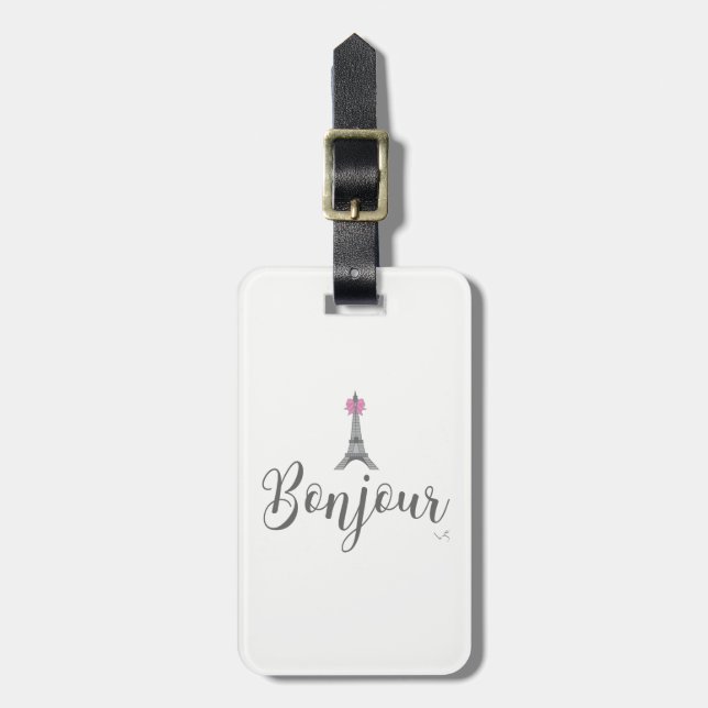 Bonjour-Eiffel Tower Pink Bow Luggage Tag (Front Vertical)