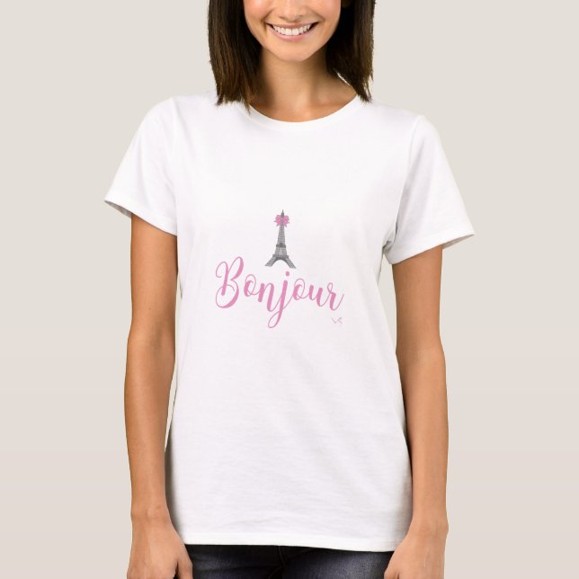 Bonjour-Eiffel Tower Pink Bow T-Shirt (Front)