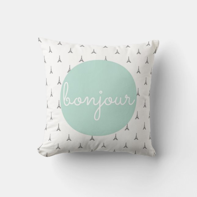 Bonjour Eiffel Tower print in gray Cushion (Front)
