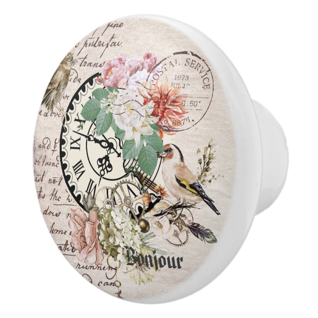 Bonjour elegant frenchy rustic paper Botanical  Ceramic Knob (Right)