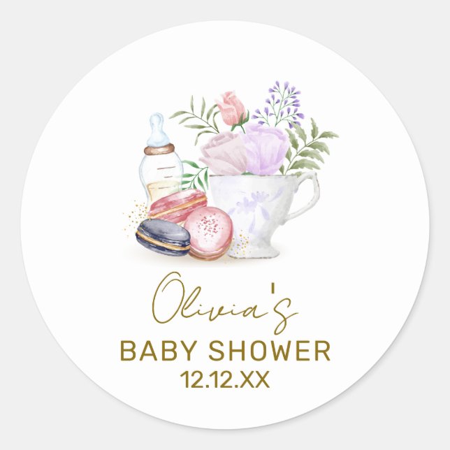 Bonjour Floral Macarons Milk Tea Baby Shower Classic Round Sticker (Front)