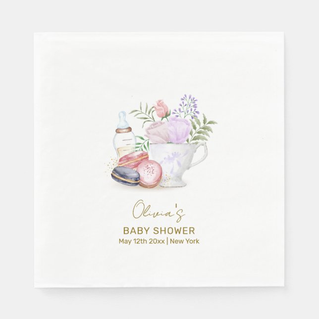 Bonjour Floral Macarons Milk Tea Baby Shower Napkin (Front)