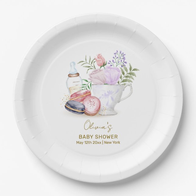 Bonjour Floral Macarons Milk Tea Baby Shower Paper Plate (Front)