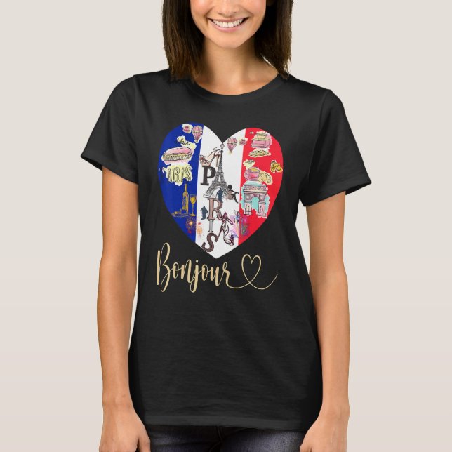 Bonjour France I Love Paris French Flag Heart Fren T-Shirt (Front)