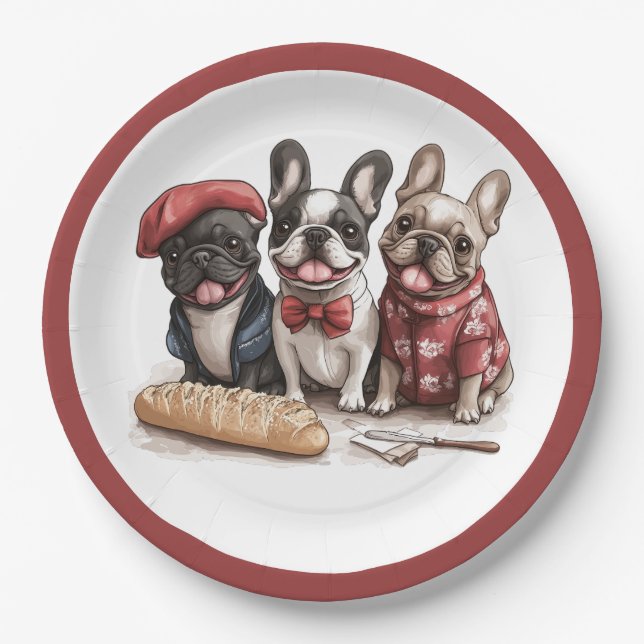 Bonjour French Bulldogs Paper Plate (Front)