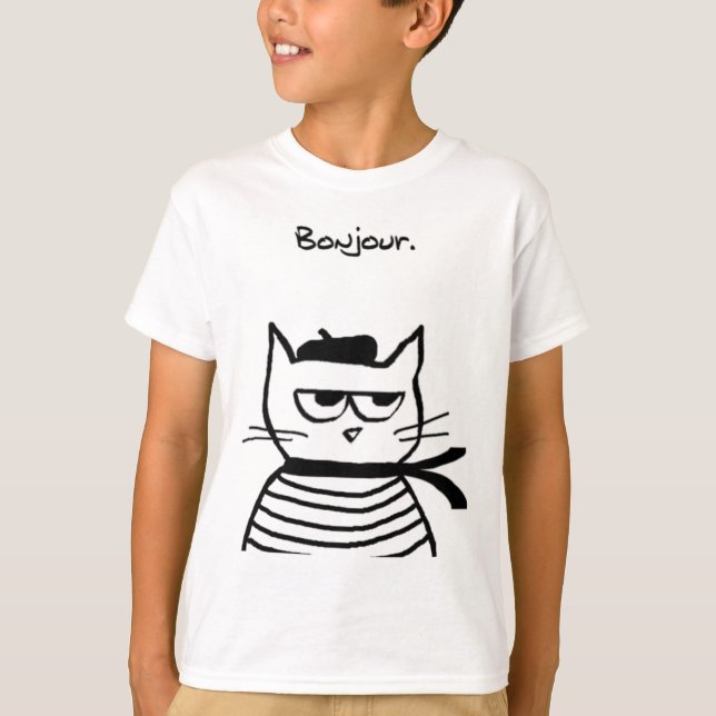Bonjour French Cat Funny  T-Shirt (Front)