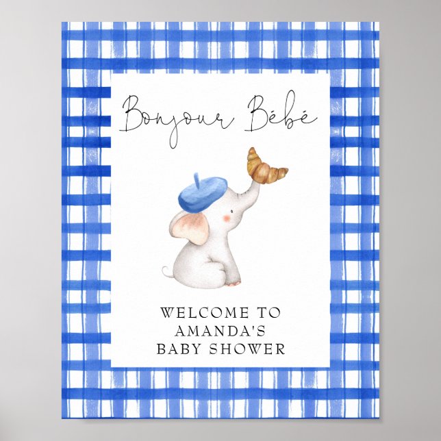 Bonjour French Gingham Blue Welcome Baby Shower  Poster (Front)