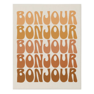 Bonjour French Hello Groovy Brown Typography  Faux Canvas Print
