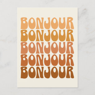 Bonjour   French Hello in Brown Groovy Typography Postcard