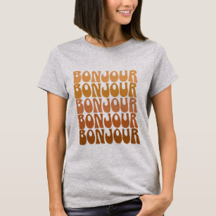 Bonjour   French Hello in Brown Groovy Typography T-Shirt