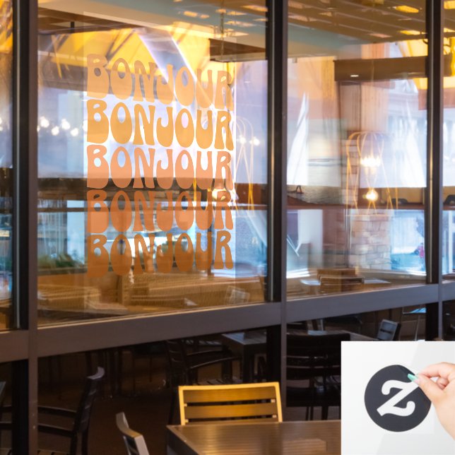 Bonjour | French Hello in Brown Groovy Typography  Window Cling (Restaurant Window)