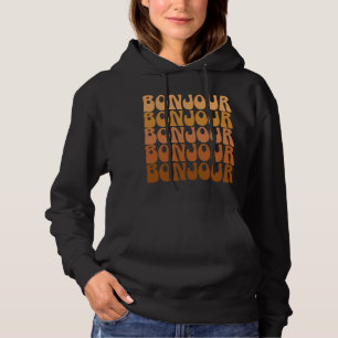 Bonjour French Hello Retro Brown Groovy Typography Hoodie