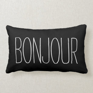 Bonjour French Typography Black and White Quote Lumbar Cushion