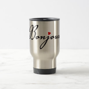 Bonjour, French word art with red heart Travel Mug