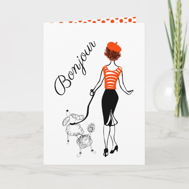 Bonjour Girl and French Poodle Greeting Card (Front)