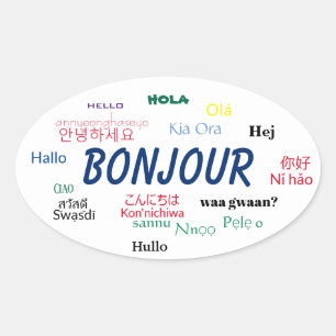 Bonjour Hello Languages World Travel Colourful Oval Sticker