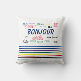 Bonjour Hello Multiple Languages Stripes Cushion