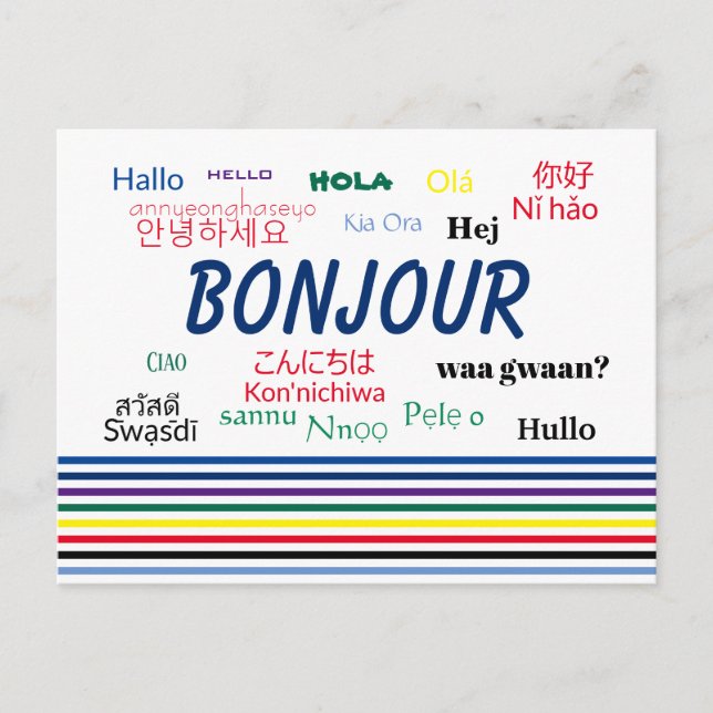 Bonjour Hello Multiple Languages Stripes Postcard (Front)